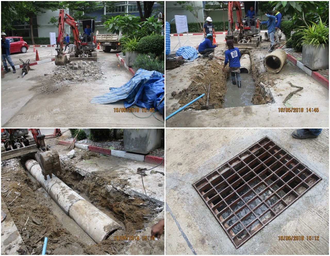 วางท่อระบายน้ำลานจอดรถหน้าอาคาร 1 เพื่อแก้ปัญหาระบบระบายน้ำ